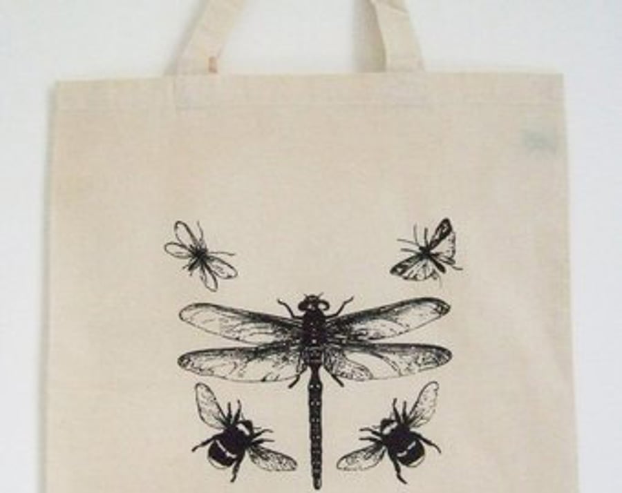 Dragonfly Bees moths,natural organic cotton tote bag black print 
