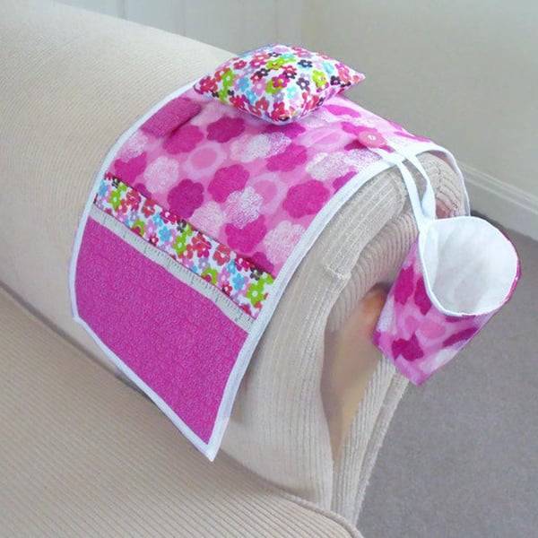 handy arm chair needlework station with removable pin cushion, pink