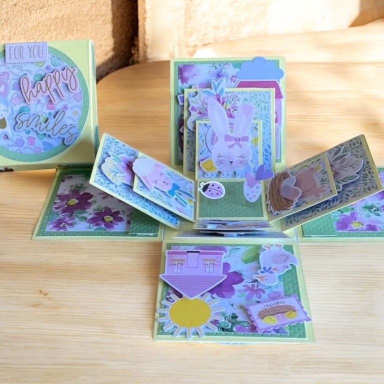 “Happy Smiles” Explosion Gift Box Card – Pastel Bunny Keepsake. Pop Up Box
