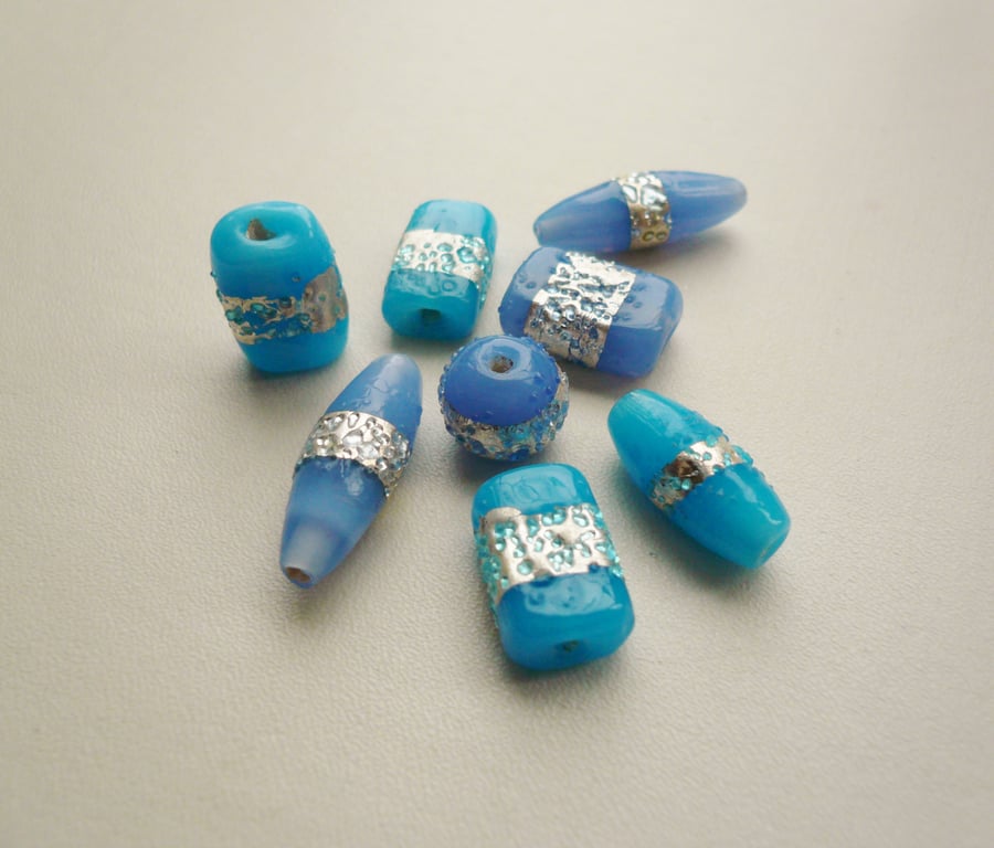 8 Assorted Blue Glass Indian Lampwork Beads