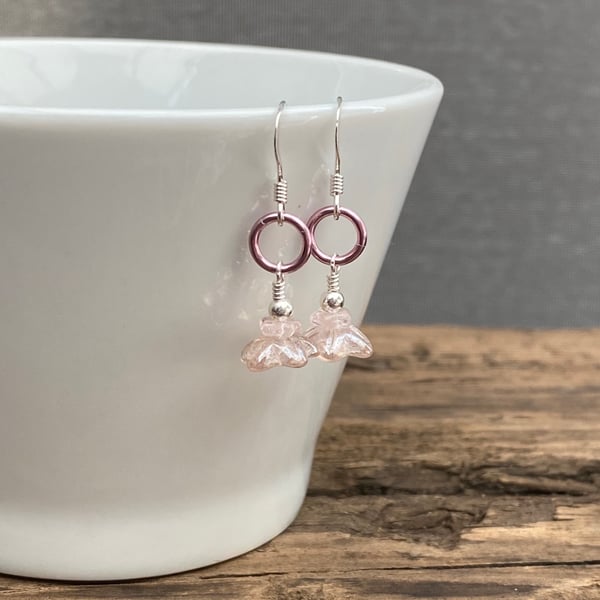 Pale Pink Flower & Aluminium Ring Earrings. Sterling Silver. 