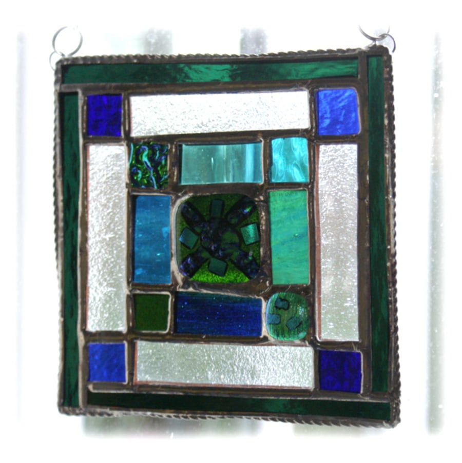 Classic Square Stained Glass Suncatcher Green Handmade Panel Dichroic Fused