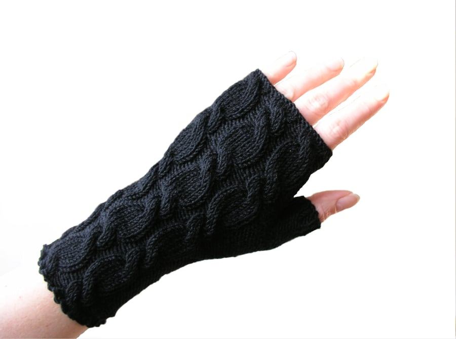 Fingerless Gloves Wrist Warmers Black Merino Wool 