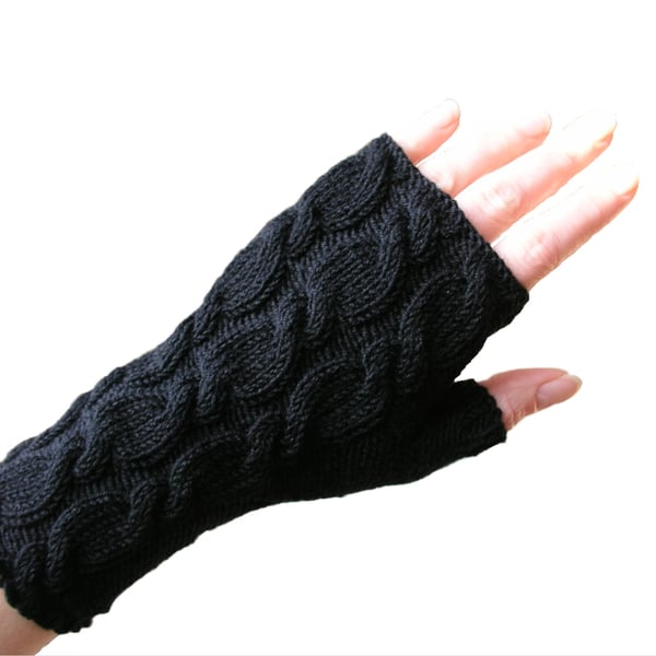 Fingerless Gloves Wrist Warmers Black Merino Wool 