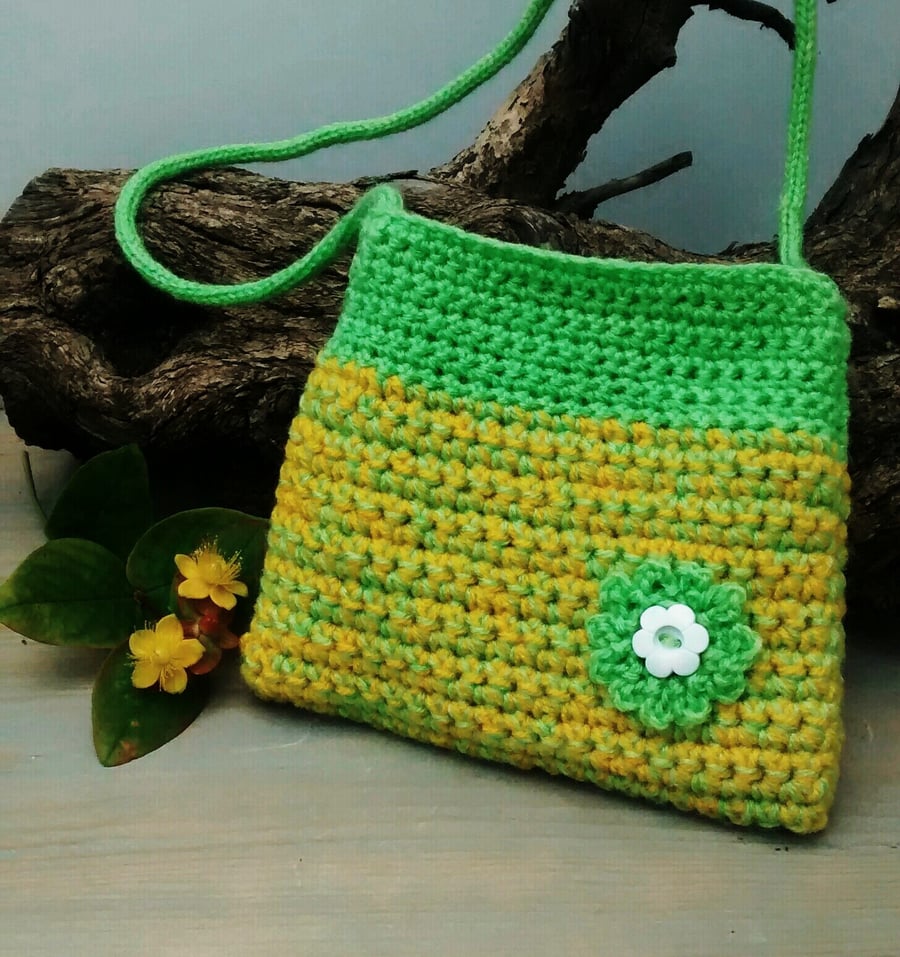 Girls Crochet Bag, Green and Yellow, Small Bag