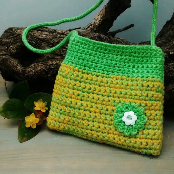 Girls Crochet Bag, Green and Yellow