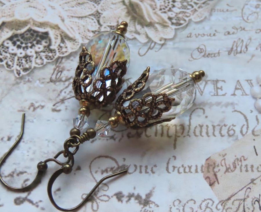 Crystal AB Dangle Earrings, Victorian Antique Style Crystal Teardrop Earrings