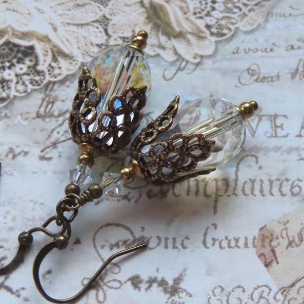 Crystal AB Dangle Earrings, Victorian Antique Style Crystal Teardrop Earrings