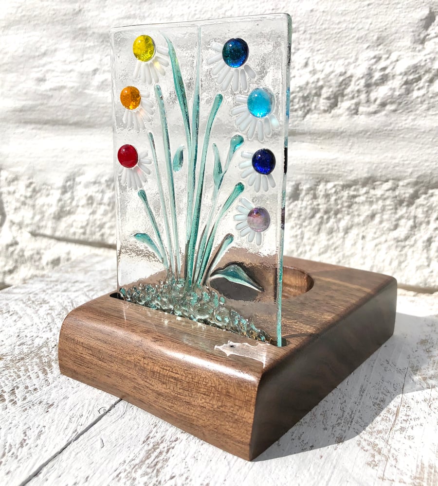Fused Glass Rainbow Daisies in aHandcrafted Wood Light Holder