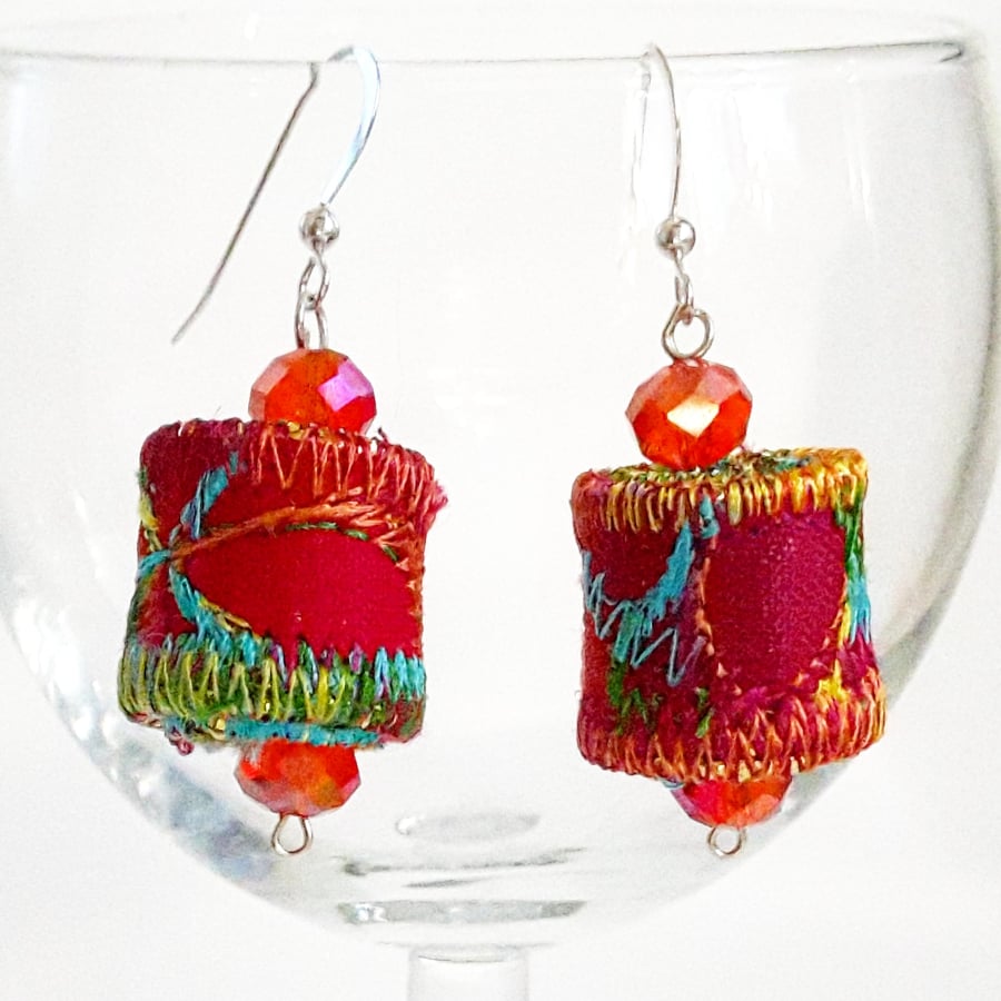 Textile Earrings with Multifaceted Crystal Beads