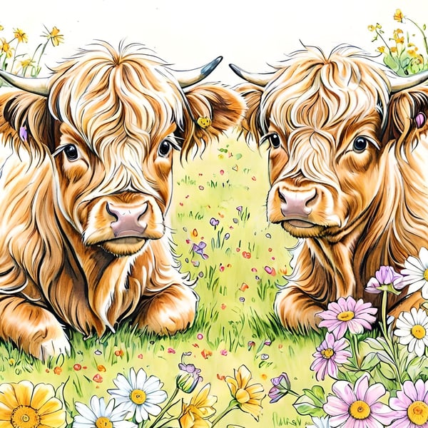 Cute Baby Highland Cows In Meadow Blank Card A5