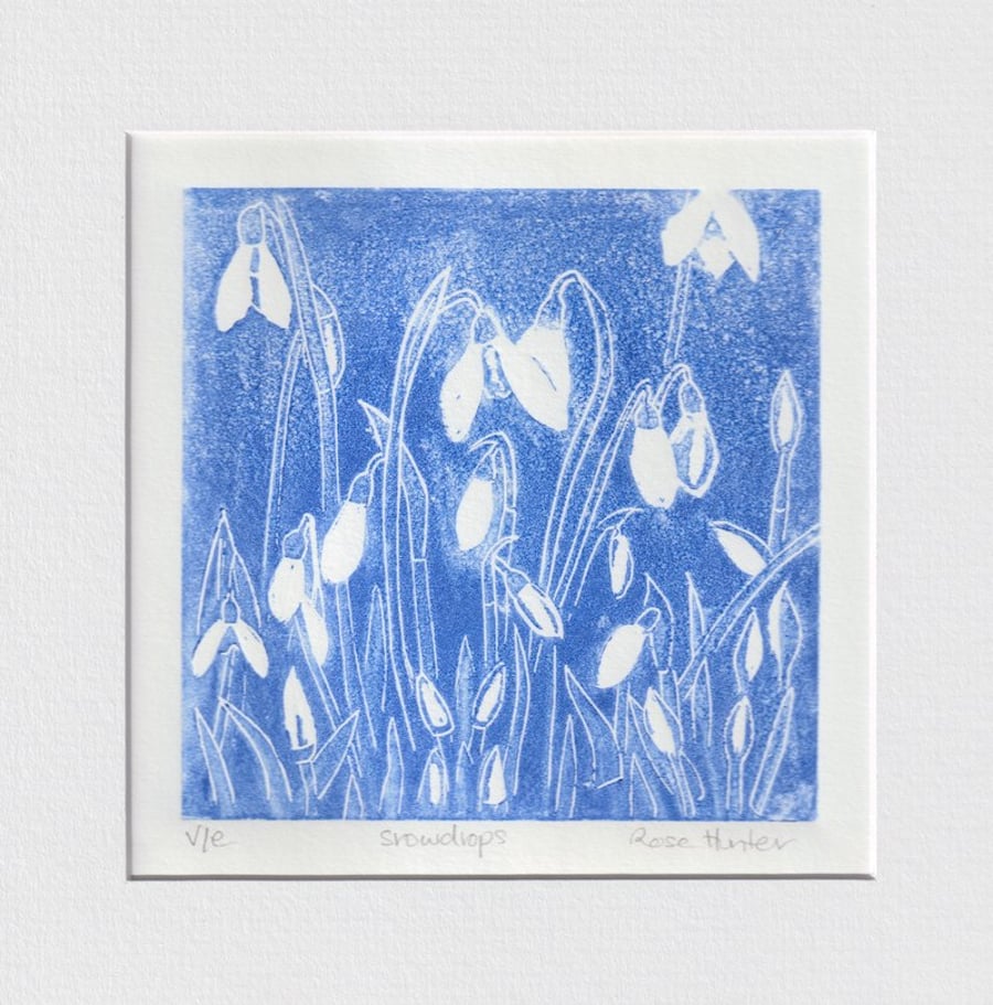 Snowdrops - original handpainted lino print 007