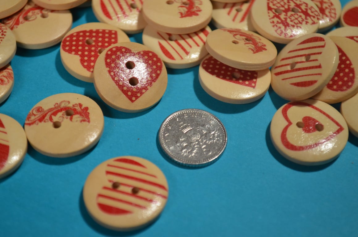 20mm Wooden Red Heart Buttons Love Random 10pk Button Mix (RH2)