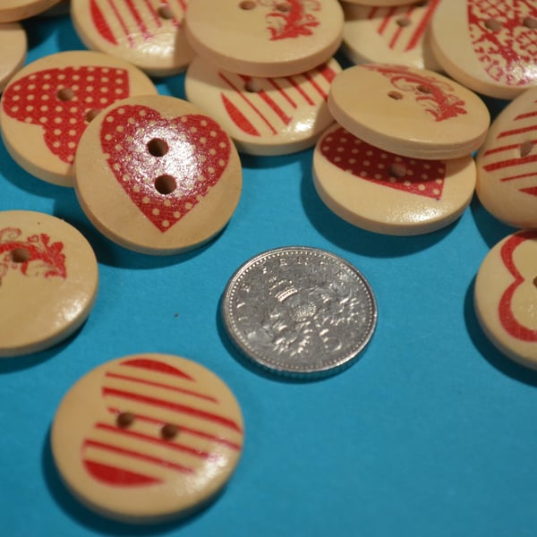 20mm Wooden Red Heart Buttons Love Random 10pk Button Mix (RH2)