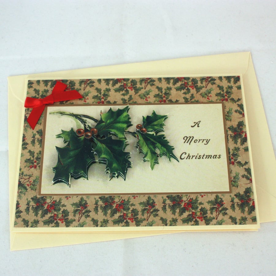 Handmade Christmas card - holly sprig