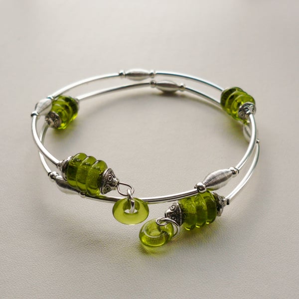 Lime Green Glass Bead and Silver Wrap Around Bangle Bracelet   KCJ1114