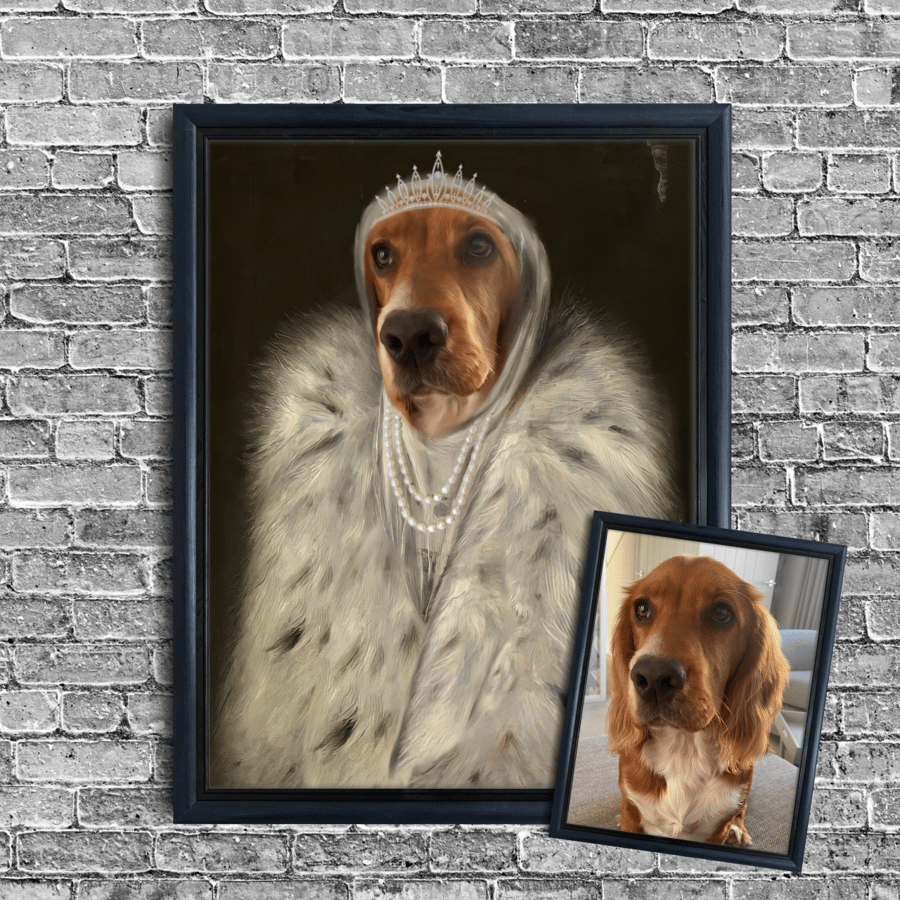 Lady in Fur Coat Pet Portrait Royal Pet Portrait Vintage Style Animal Drawing