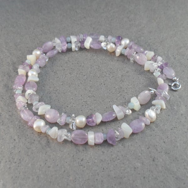 Lilac Amethyst Pearl and Shell Semi Precious Gemstone Beaded Necklace
