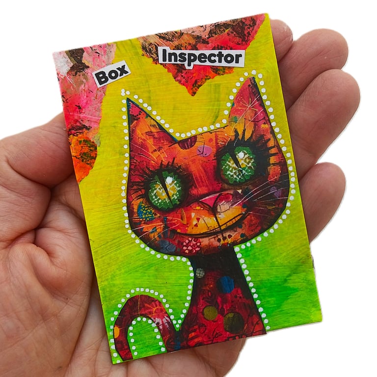 Original ACEO Cat Painting Colourful Kitty Artwork Mixed Media Collage Artwork