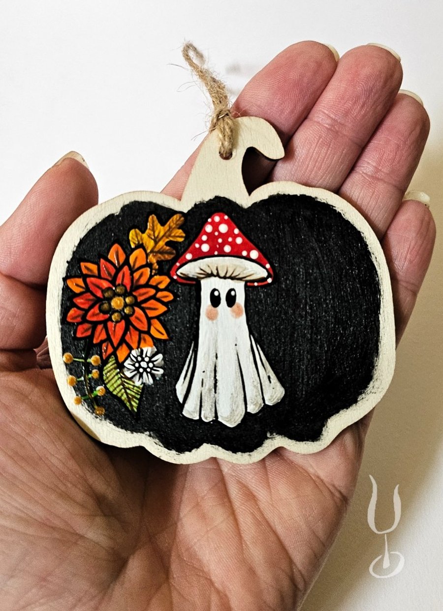 Toadstool Hat Autumn Ghost-  Hand-painted hanging decoration