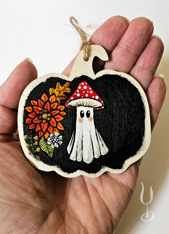 Toadstool Hat Autumn Ghost-  Hand-painted hanging decoration