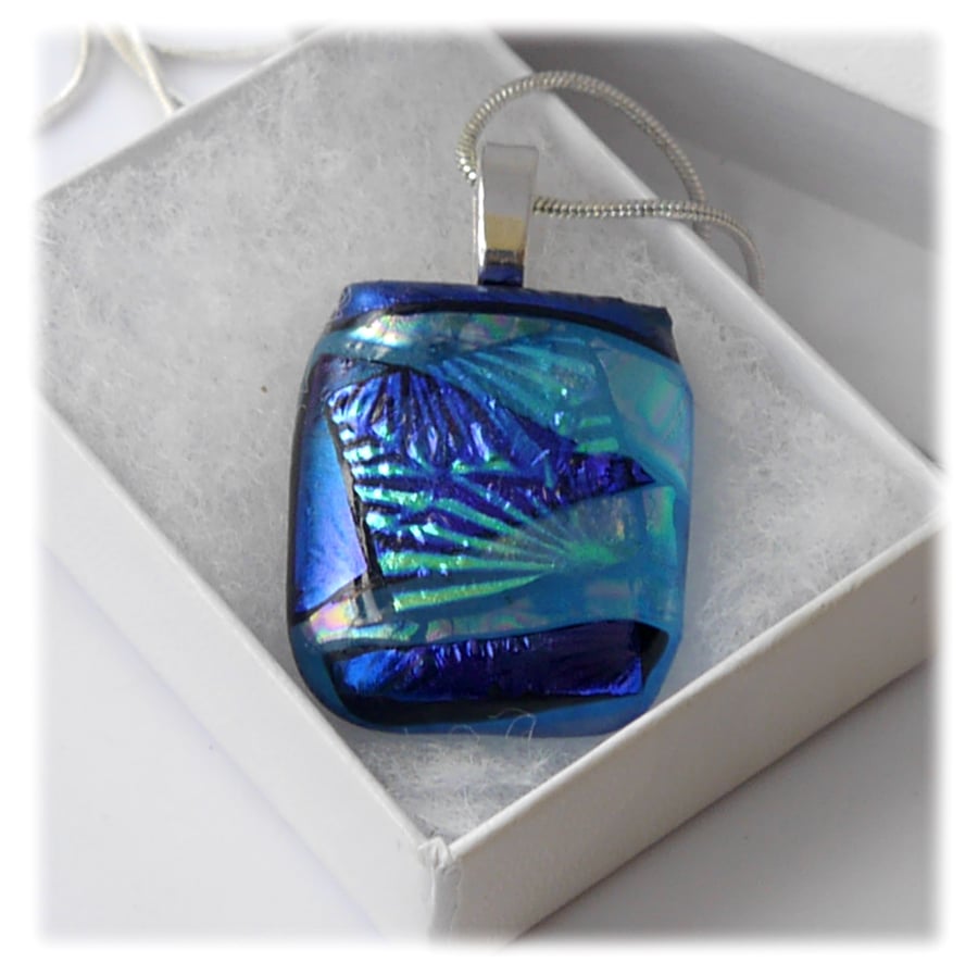 Blue Dichroic Glass Pendant 151  Aqua Florentine with silver plated chain