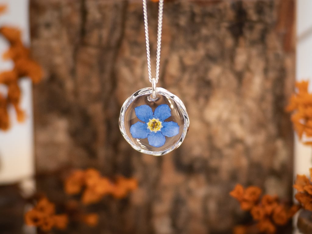 Tiny Real Forget Me Not Necklace, Wildflower Keepsake