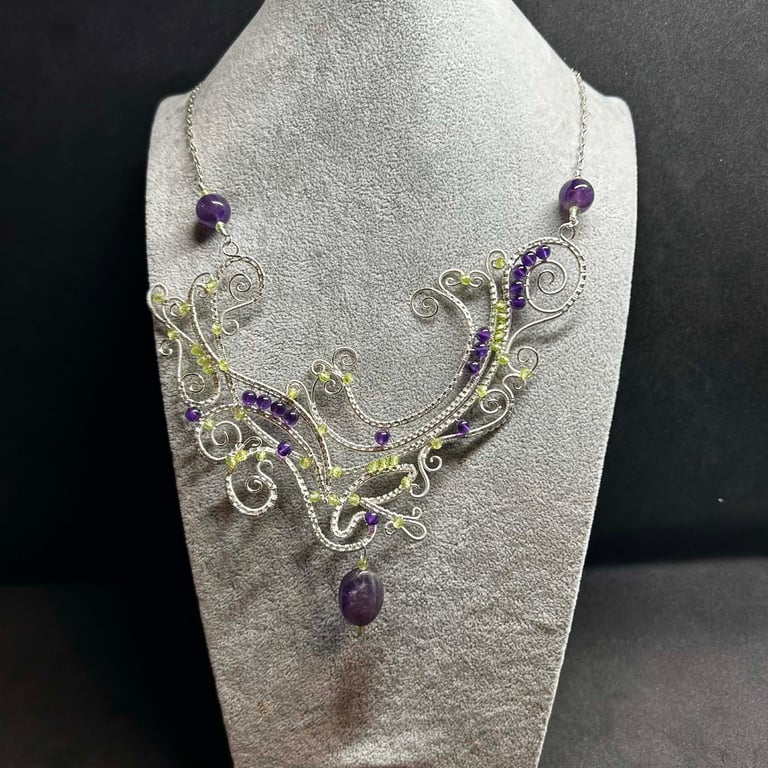 Same Difference Wire Wrapped Necklace with Amethyst and Peridot Gemstones