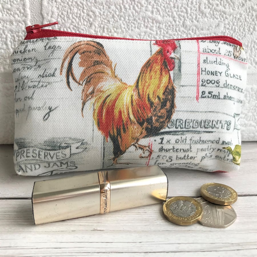 Large purse, coin purse with cockerel and grey recipe script