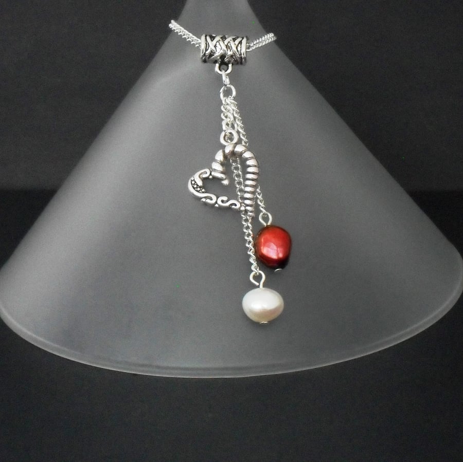 Red & white pearl & heart charm cluster necklace