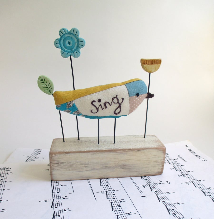 Fabric Patchwork Songbird with Turquoise & Yellow Clay Flowers & Leaf - 'Sing'