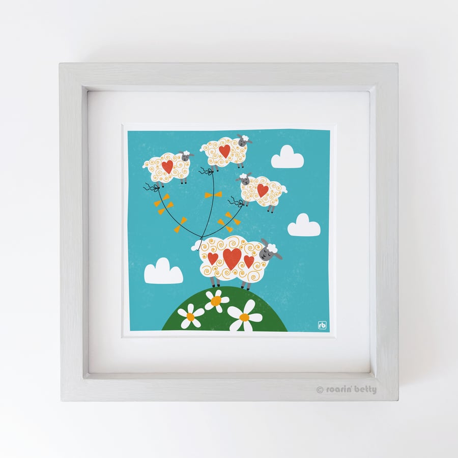 Up In The Clouds, whimsical, fun sheep print, original Giclee print