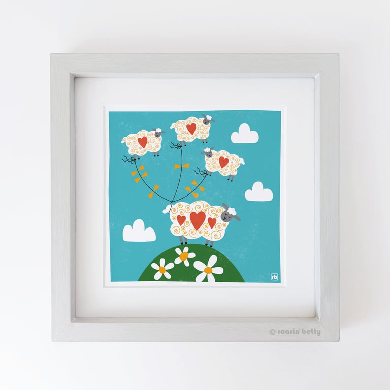 Up In The Clouds, whimsical, fun sheep print, original Giclee print