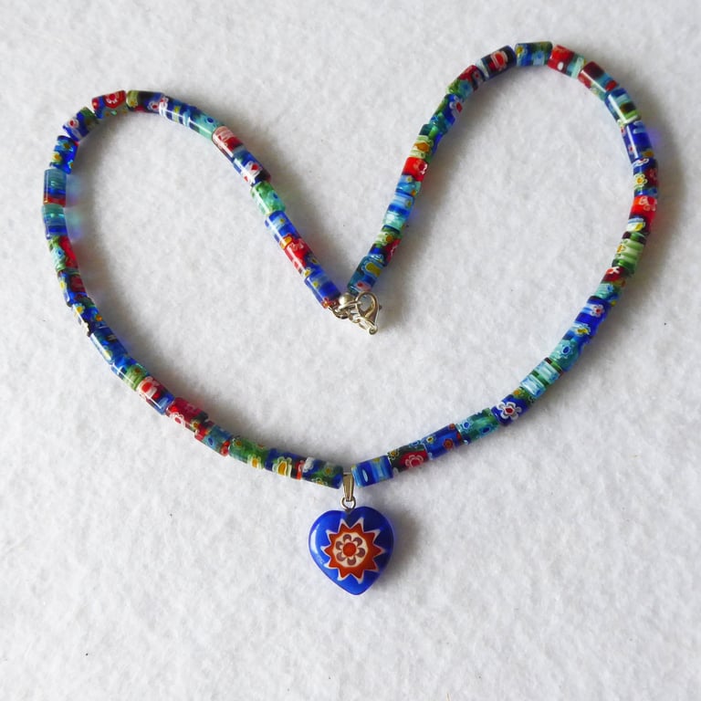 Millefiori Tube Bead Necklace with Millefiori Heart Pendant