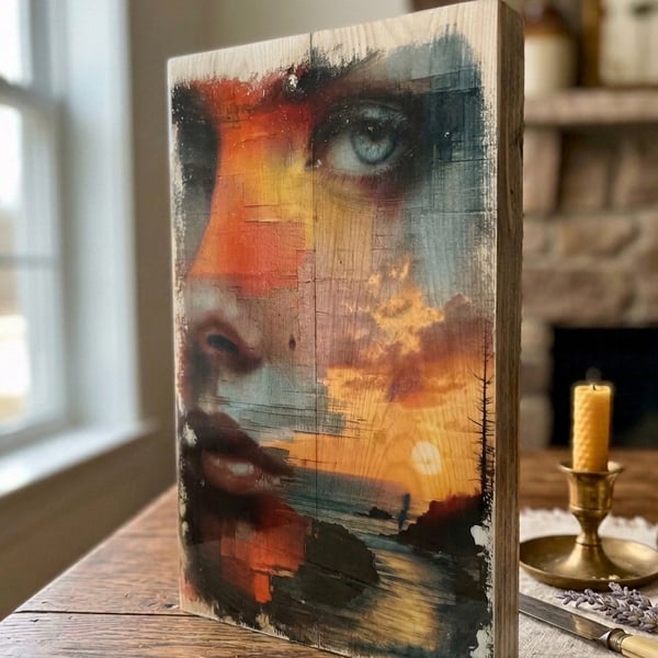 Sunset Face Art, Blue Eye Portrait, Side Profile Block, Photo Transfer Art