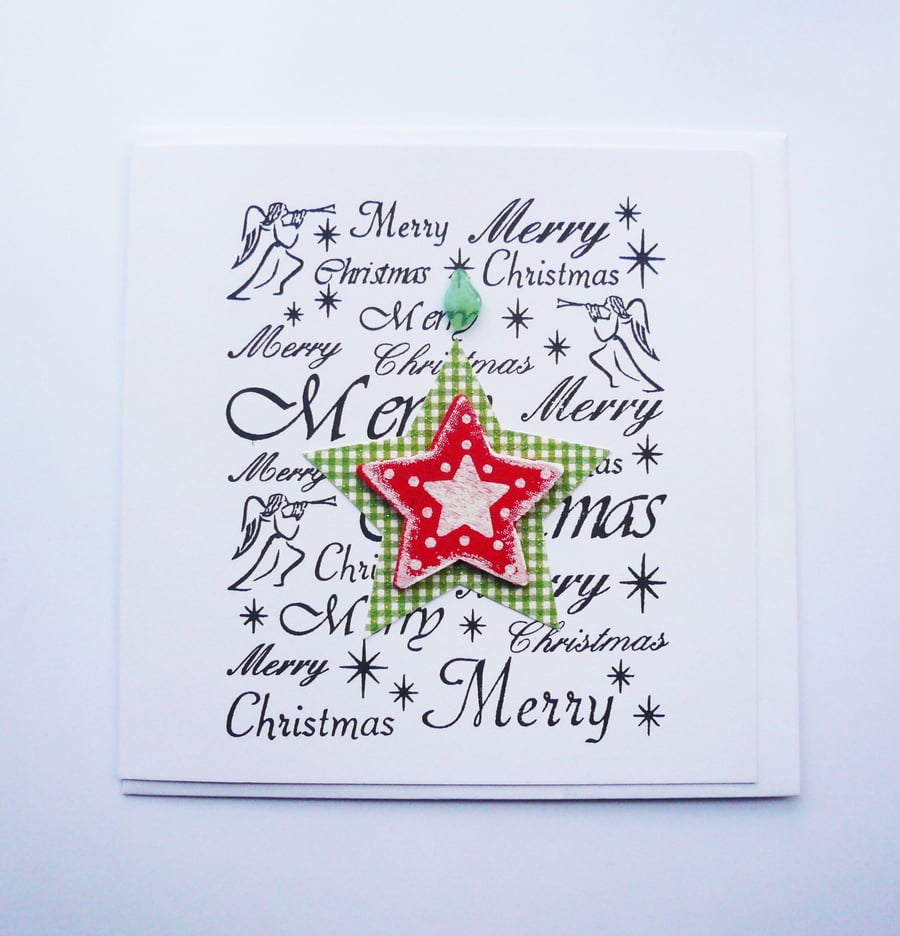 Red Green and White Christmas Star Sea Glass Christmas Card