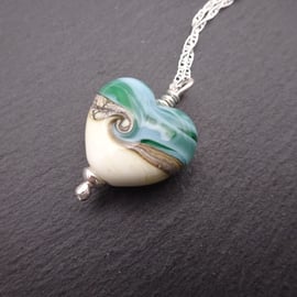 lampwork glass green sea heart pendant, sterling silver chain necklace