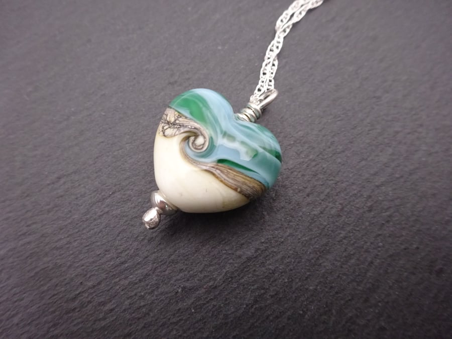 lampwork glass green sea heart pendant, sterling silver chain necklace