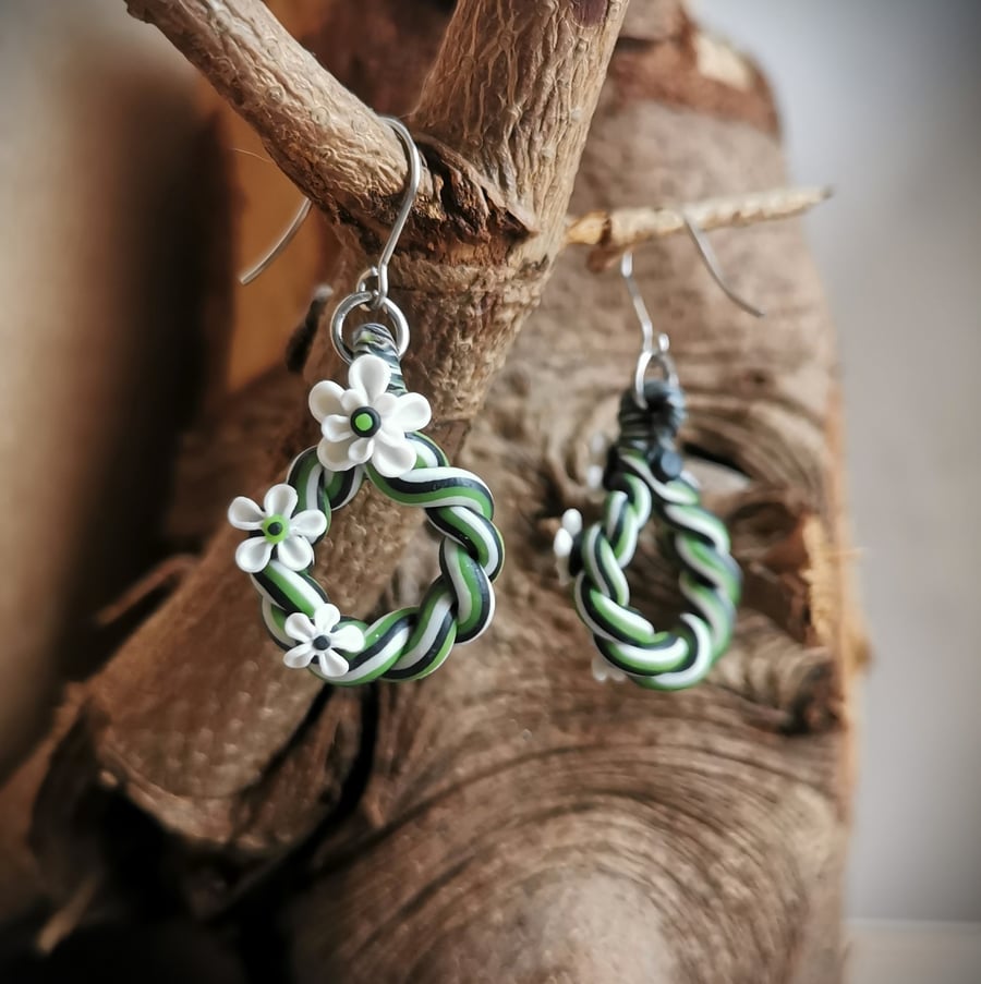 White Green Black Flower Earrings