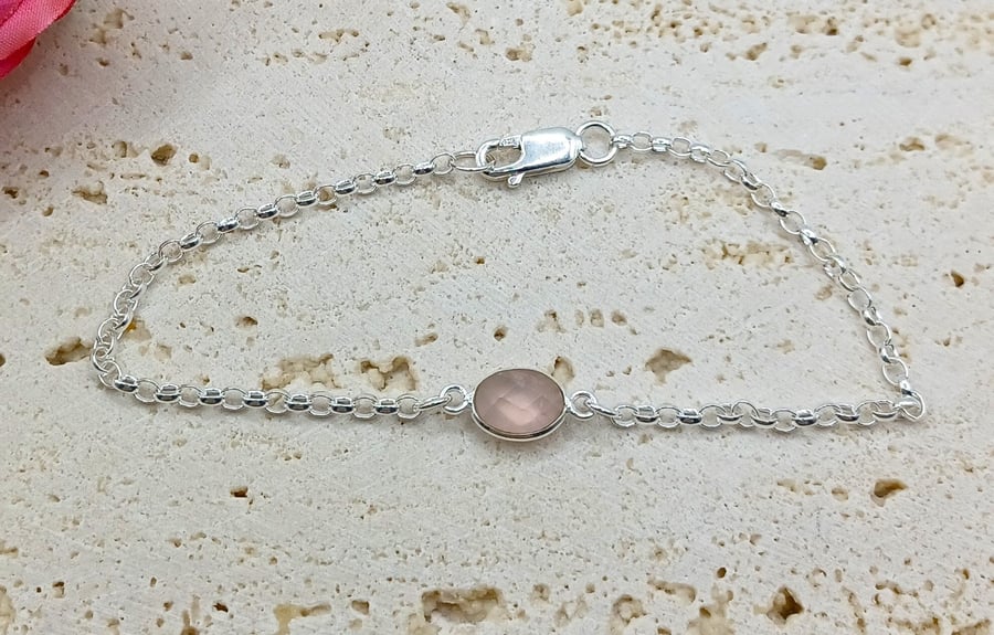 Double Sided Rose Quartz Sterling Silver Gemstone Bracelet, Rose Quartz Stacking