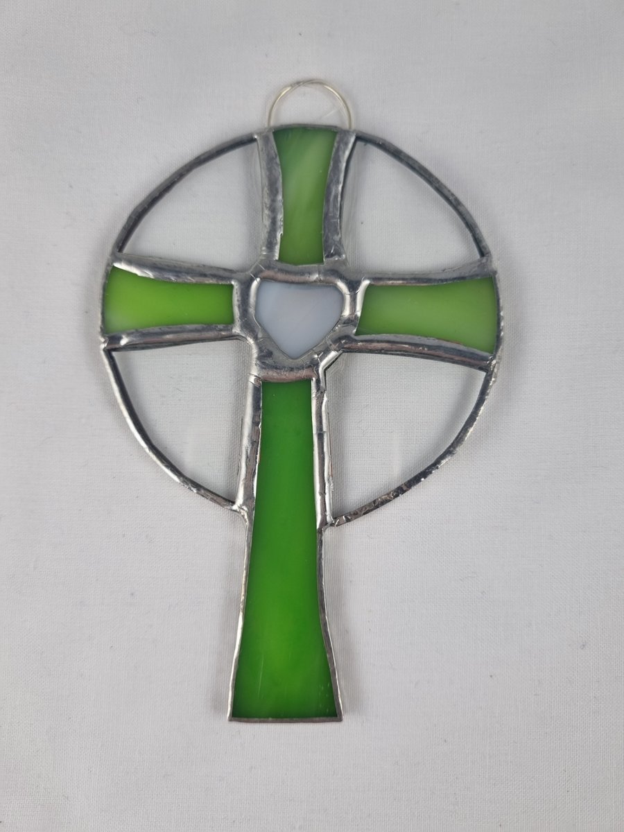575 Stained Glass Small green Cross - handmade hanging decoration.