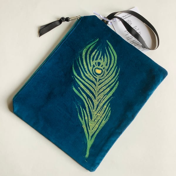  Teal Large Peacock Feather medium velvet zip-up pouch 