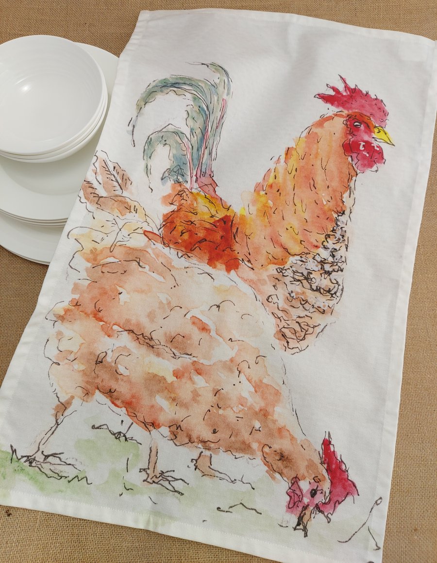 Tea Towel  - Rooster and Hen