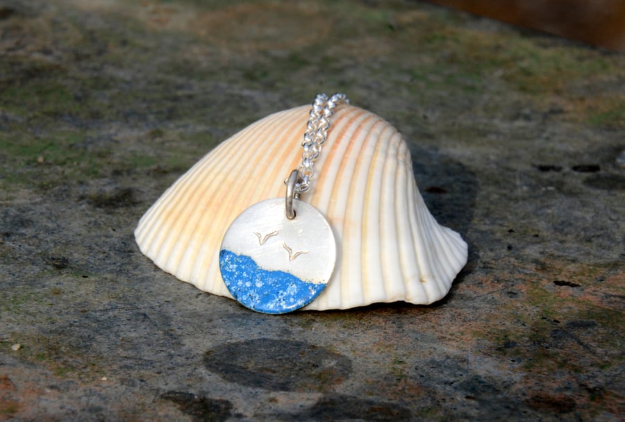 Silver beach pendant with blue sea and seagulls, beach jewellery