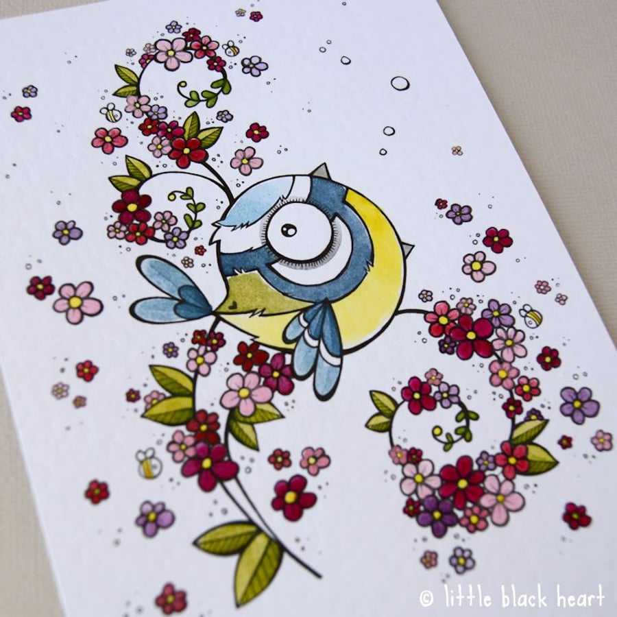 blue tit and summer blossom - original illustration (A6)