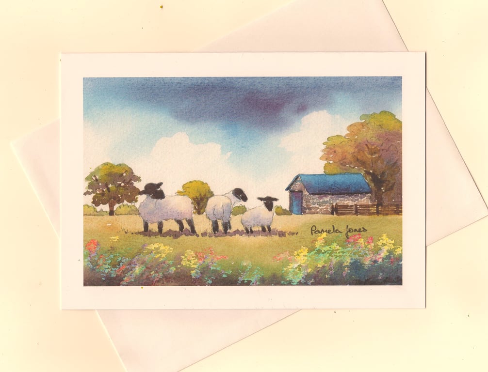 Art Greeting Card, Comical Sheep On Welsh Farm - A5 - Blank 