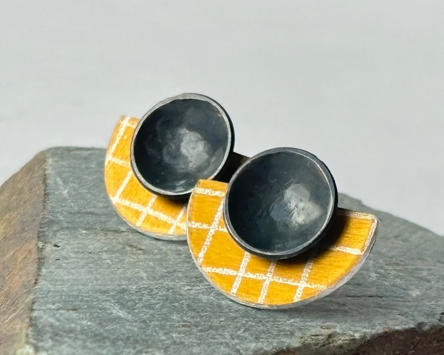 Grey and yellow half moon studs - medium