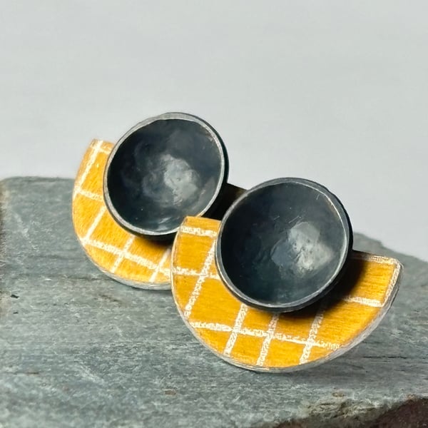 Grey and yellow half moon studs - medium