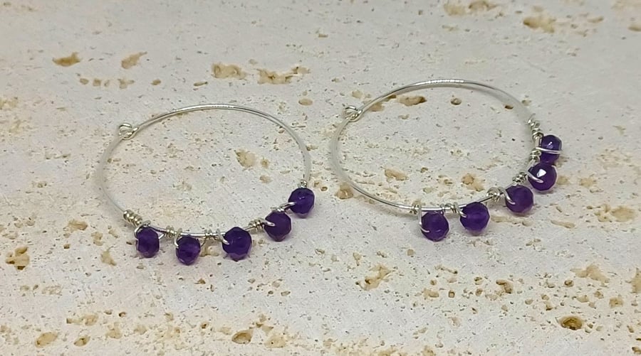 Amethyst Wire Wrapped Sterling Silver Hoop Earrings, Statement Earrings, Silver 