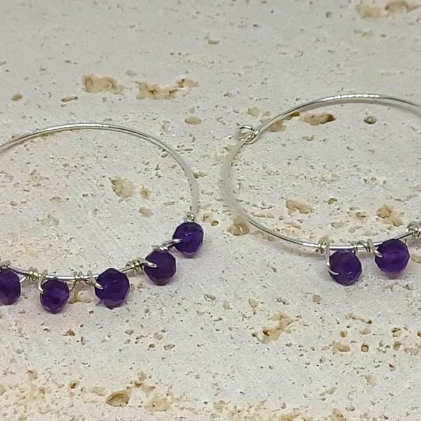 Amethyst Wire Wrapped Sterling Silver Hoop Earrings, Statement Earrings, Silver 